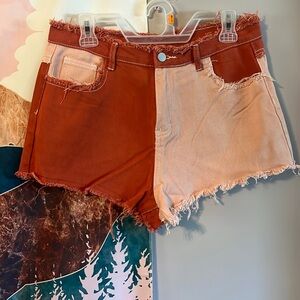 SHEIN Two-Tone Frayed Jean Shorts - Rust and Light Pink